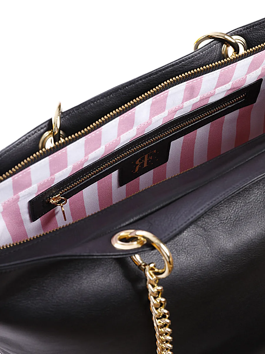 Black Leather Tote Bag with Chain Straps
