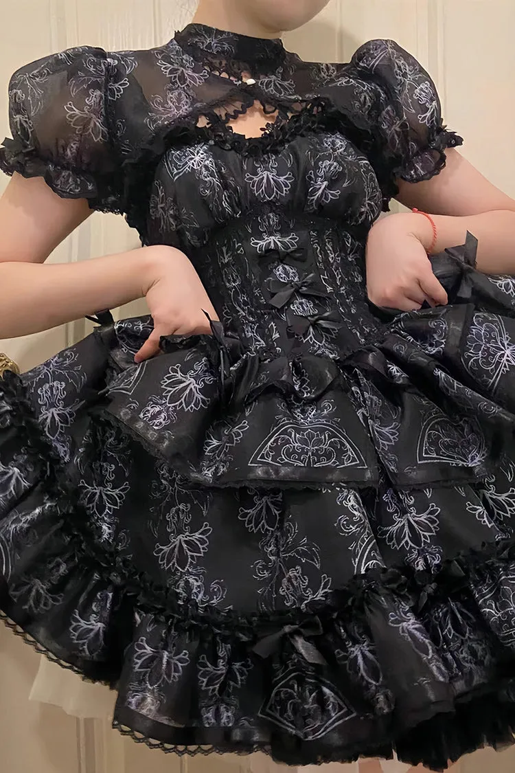 Black Multi-layer Ruffle Ballet Bowknot Print Gothic Lolita Jsk Dress