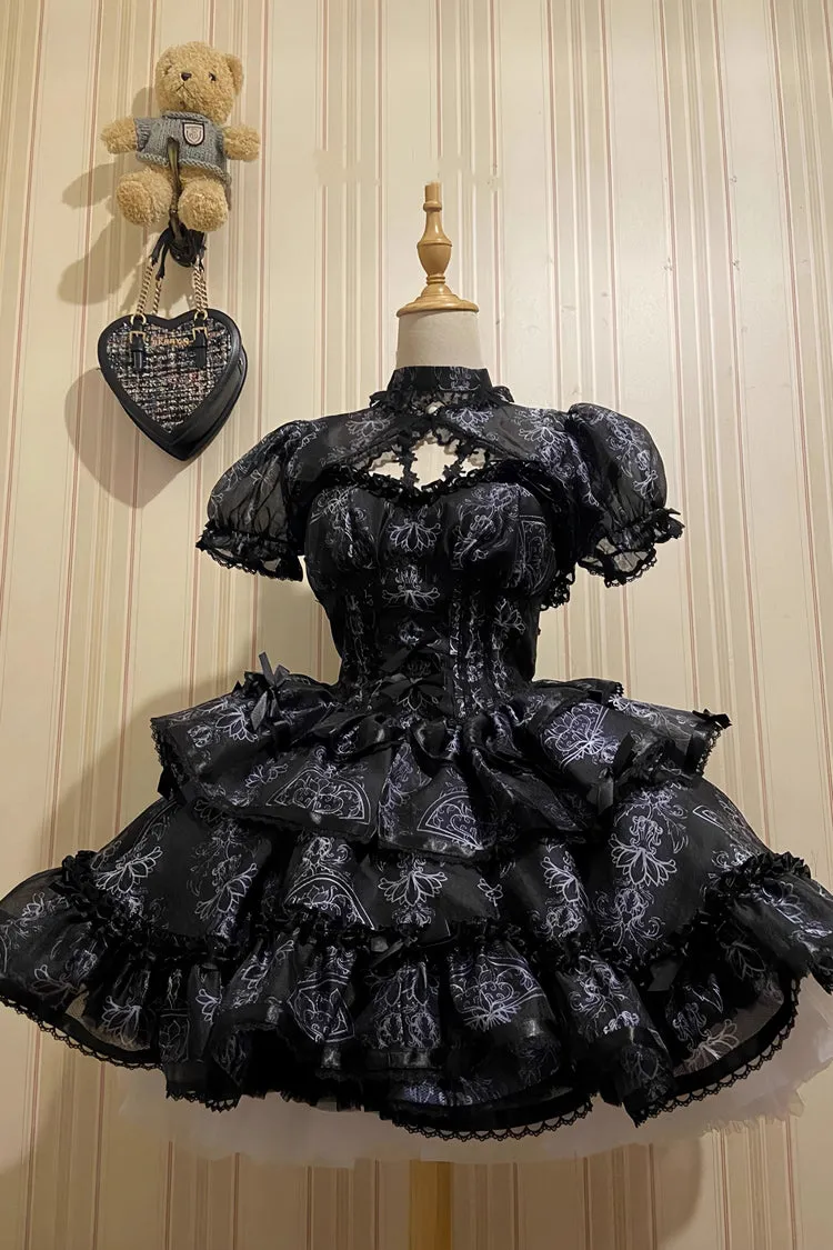 Black Multi-layer Ruffle Ballet Bowknot Print Gothic Lolita Jsk Dress