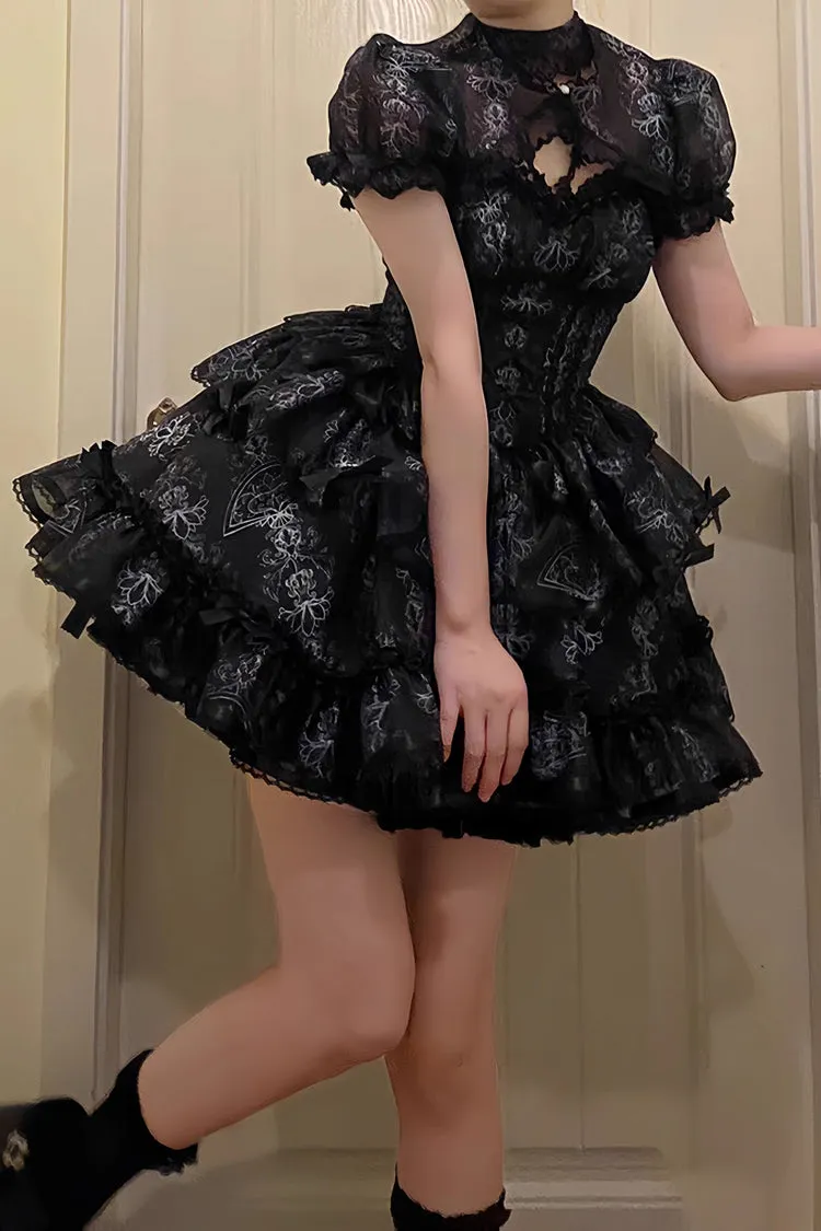 Black Multi-layer Ruffle Ballet Bowknot Print Gothic Lolita Jsk Dress