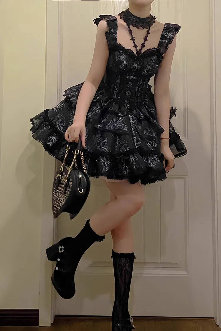 Black Multi-layer Ruffle Ballet Bowknot Print Gothic Lolita Jsk Dress