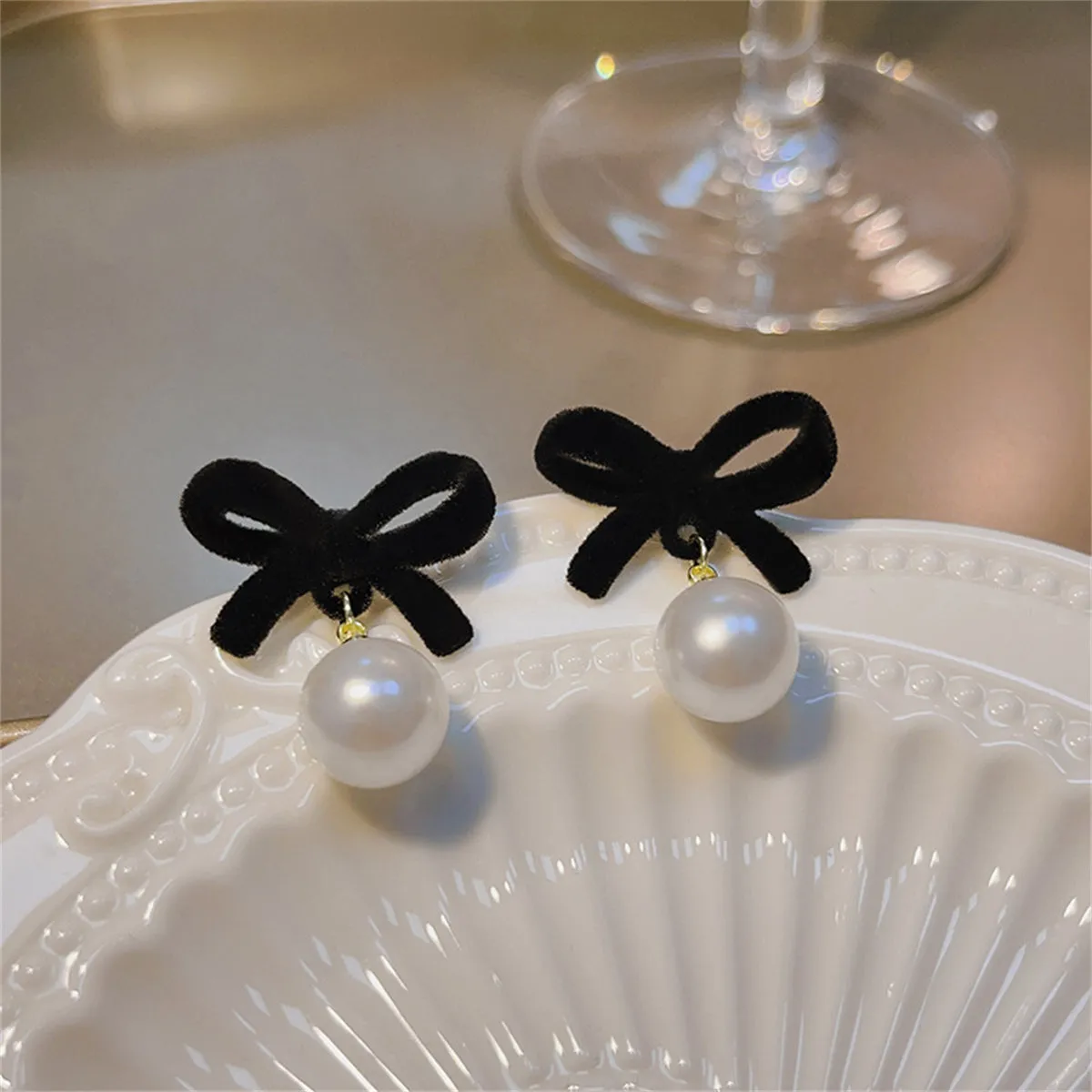 Black Nylon & Pearl Bow Drop Earrings
