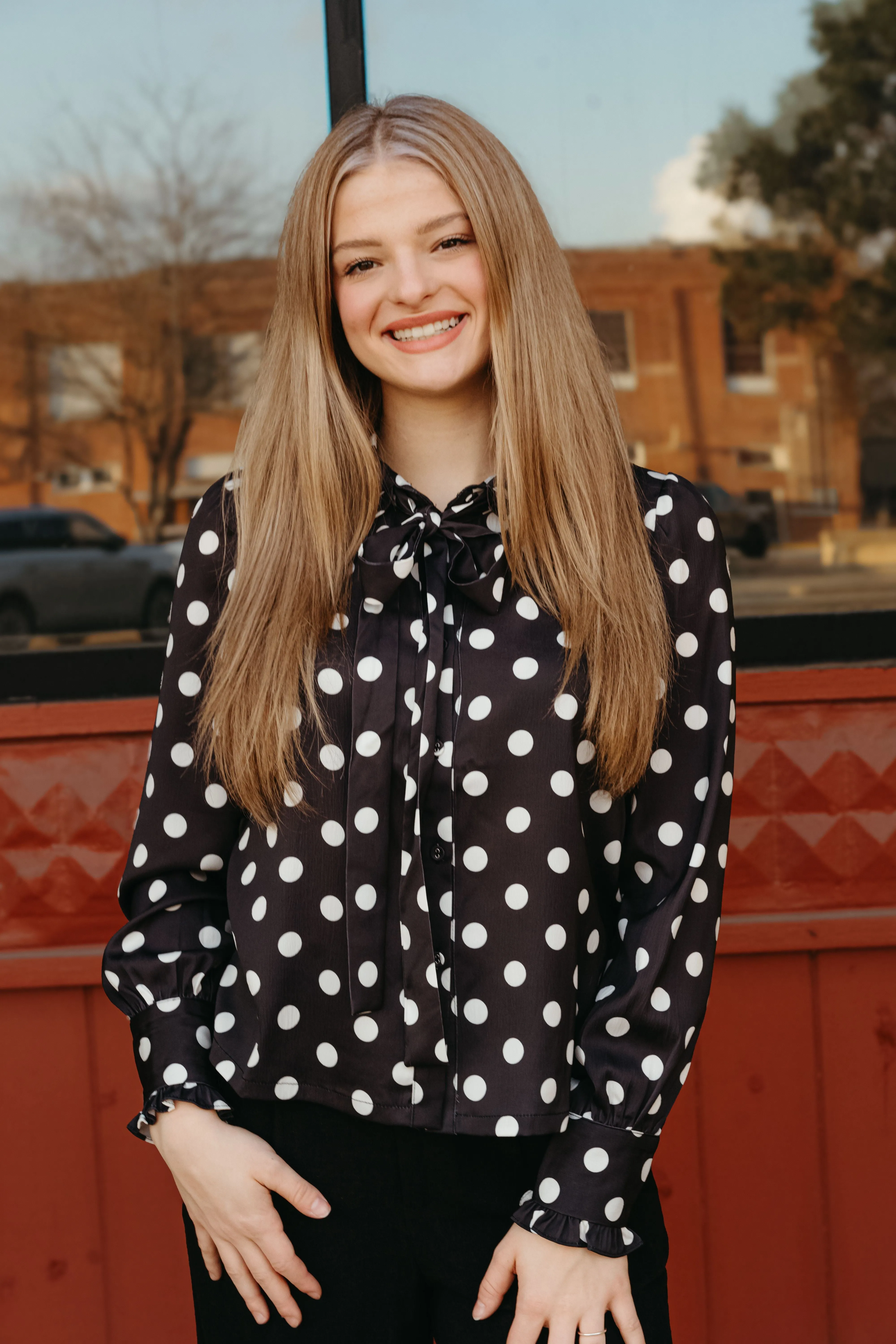 Black Polka dot Button Down Shirt With Bow Tie CT9129