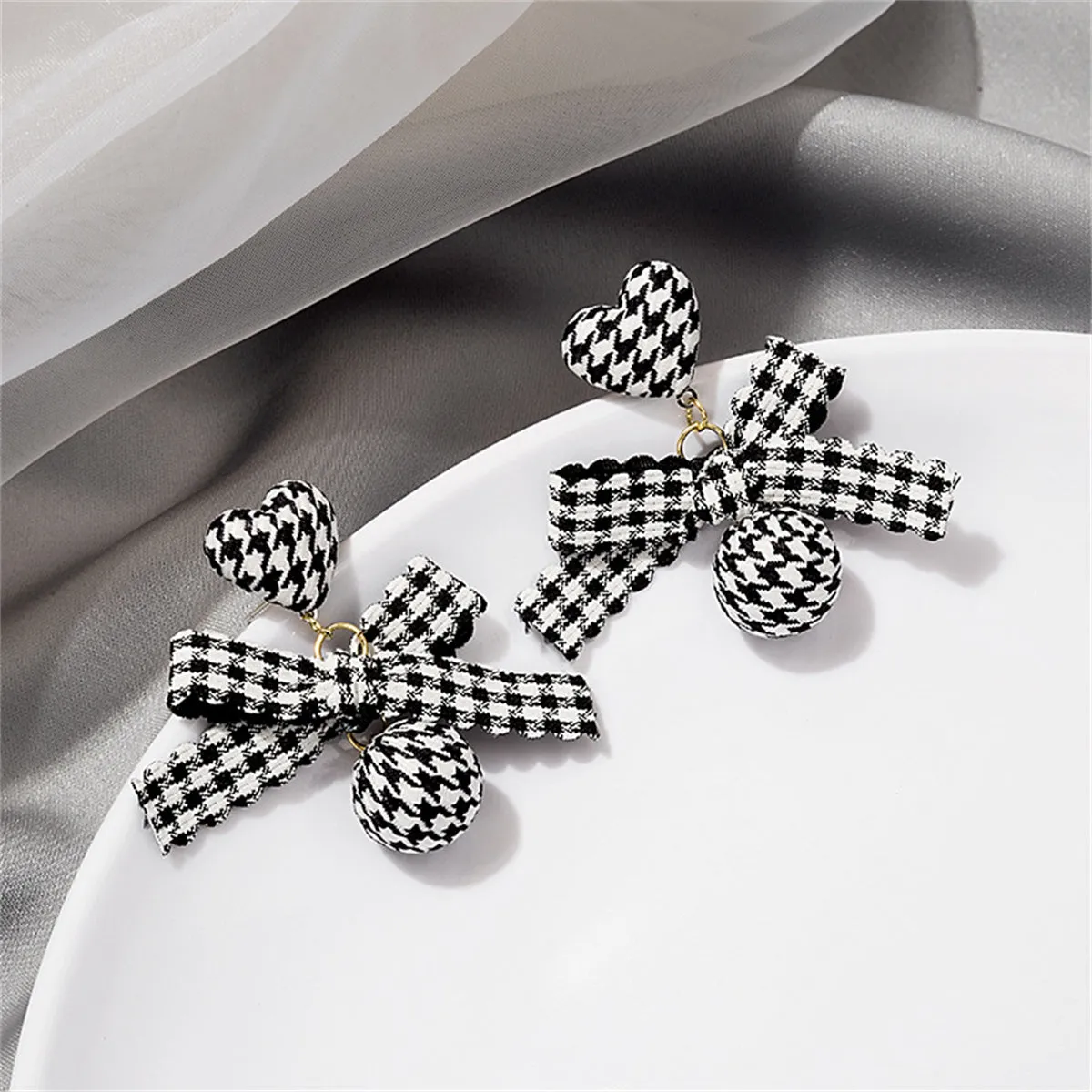 Black Polyster & 18K Gold-Plated Houndstooth Heart Bow Drop Earrings