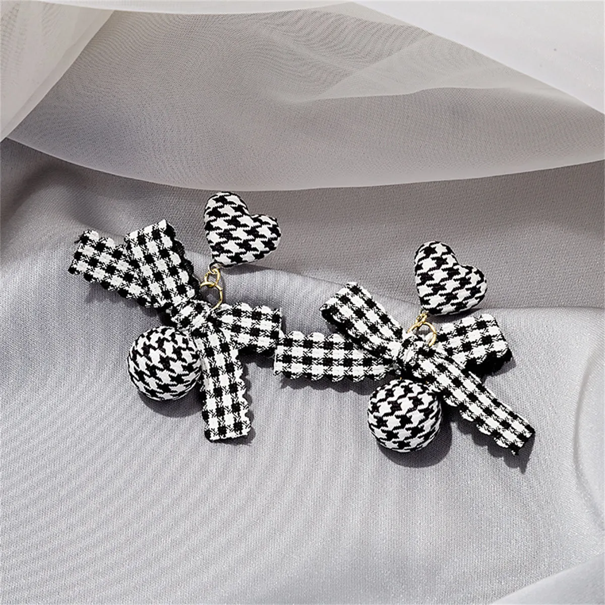 Black Polyster & 18K Gold-Plated Houndstooth Heart Bow Drop Earrings