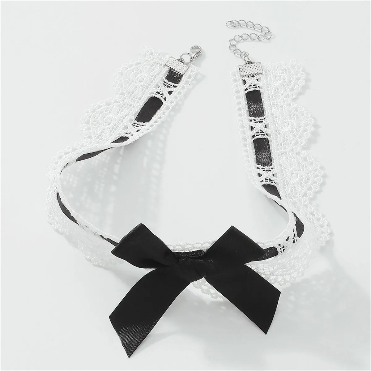 Black Polyster & Silver-Plated Lace Bow Choker Necklace