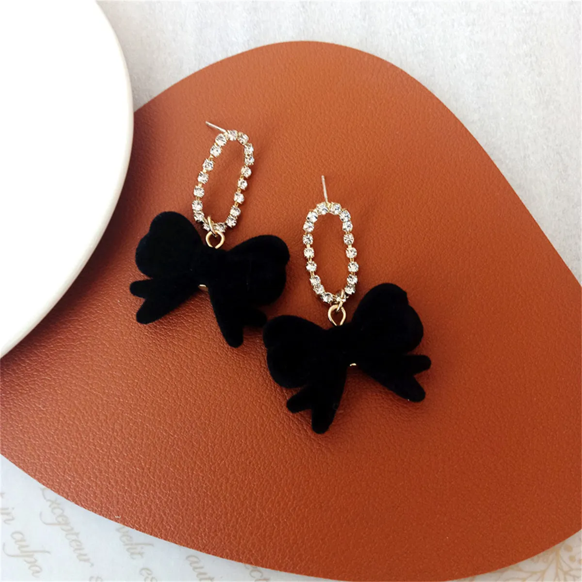 Black Velvet & Cubic Zirconia Oval Bow Drop Earrings