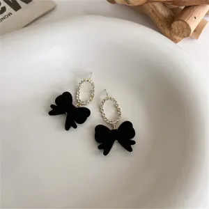 Black Velvet & Cubic Zirconia Oval Bow Drop Earrings