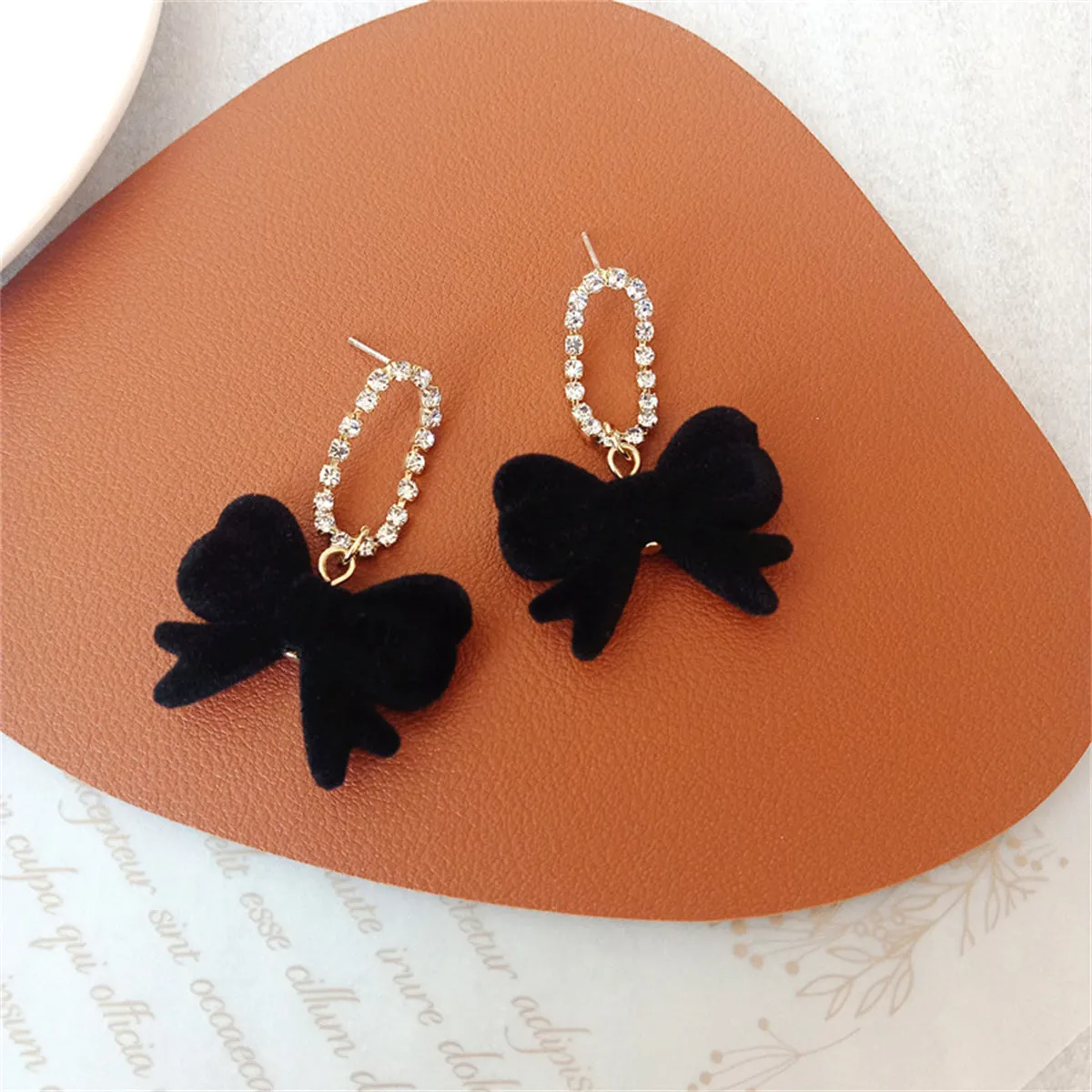 Black Velvet & Cubic Zirconia Oval Bow Drop Earrings