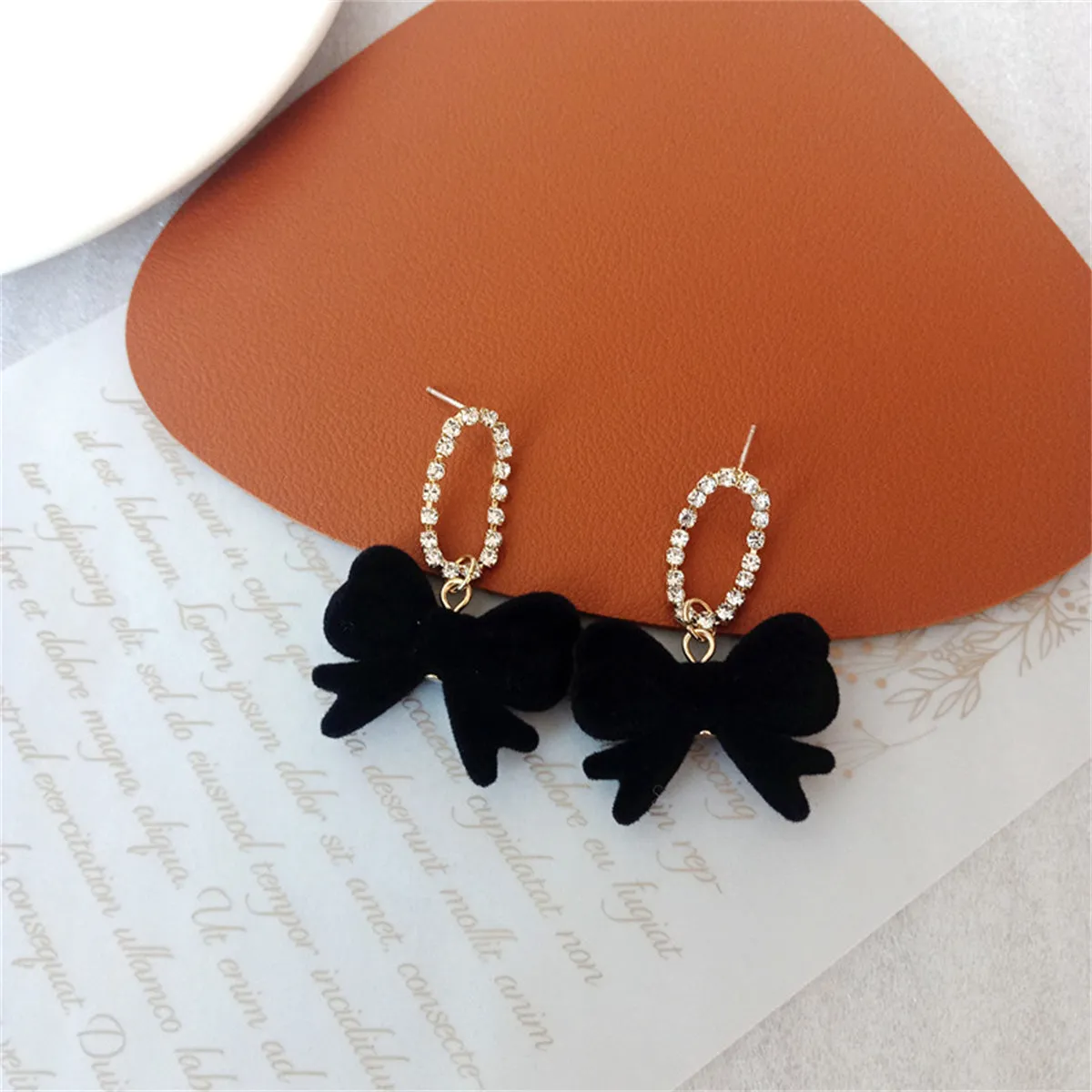 Black Velvet & Cubic Zirconia Oval Bow Drop Earrings
