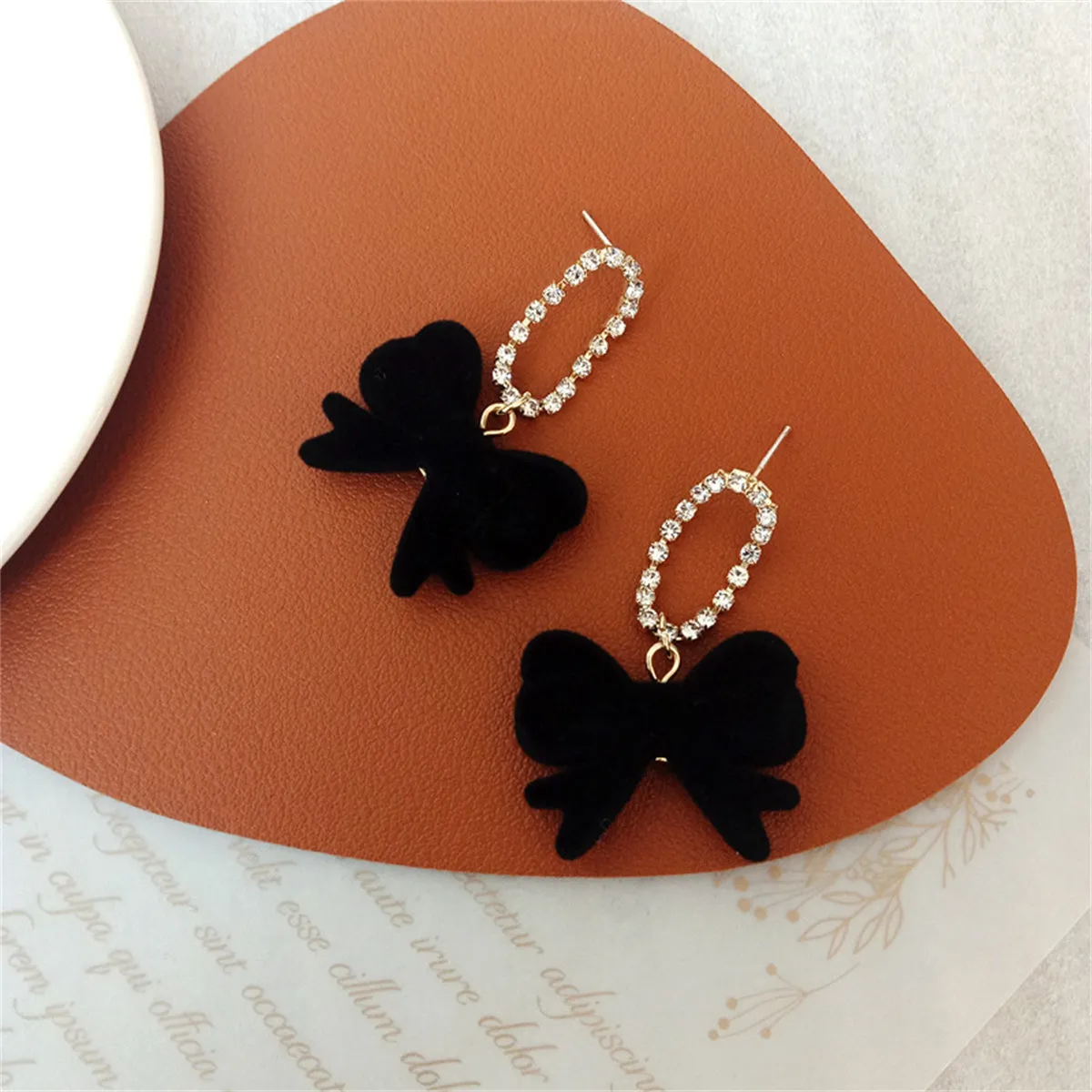 Black Velvet & Cubic Zirconia Oval Bow Drop Earrings