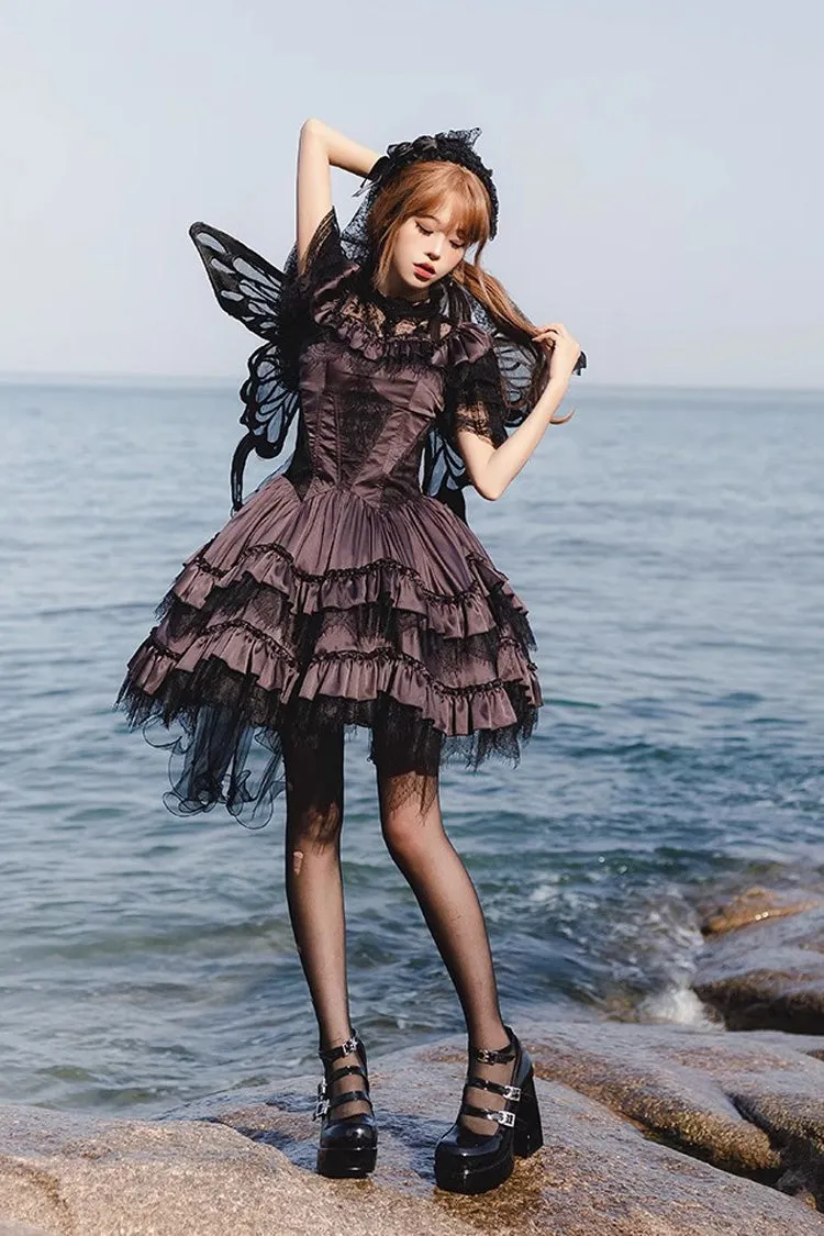 Black/Purple Silent Melody Ballet Style Halter Boat Neck Short Sleeves Gothic Lolita Dress