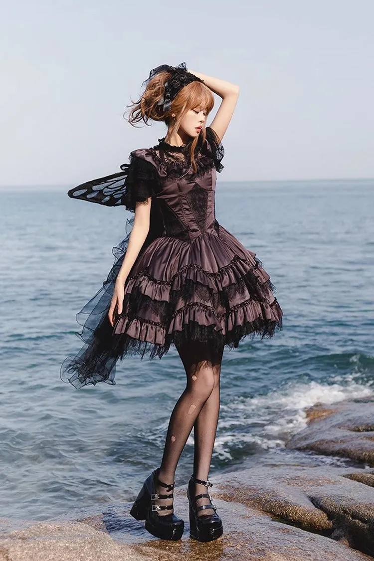 Black/Purple Silent Melody Ballet Style Halter Boat Neck Short Sleeves Gothic Lolita Dress