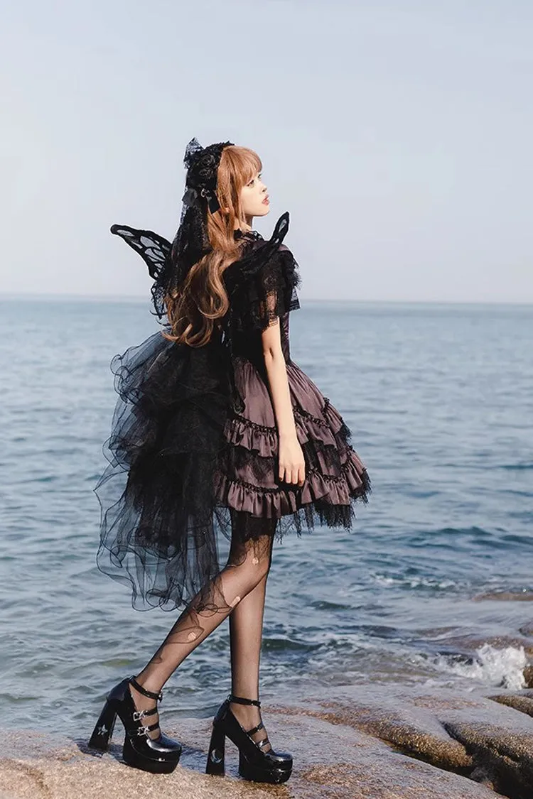 Black/Purple Silent Melody Ballet Style Halter Boat Neck Short Sleeves Gothic Lolita Dress