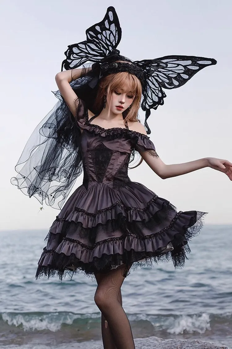 Black/Purple Silent Melody Ballet Style Halter Boat Neck Short Sleeves Gothic Lolita Dress