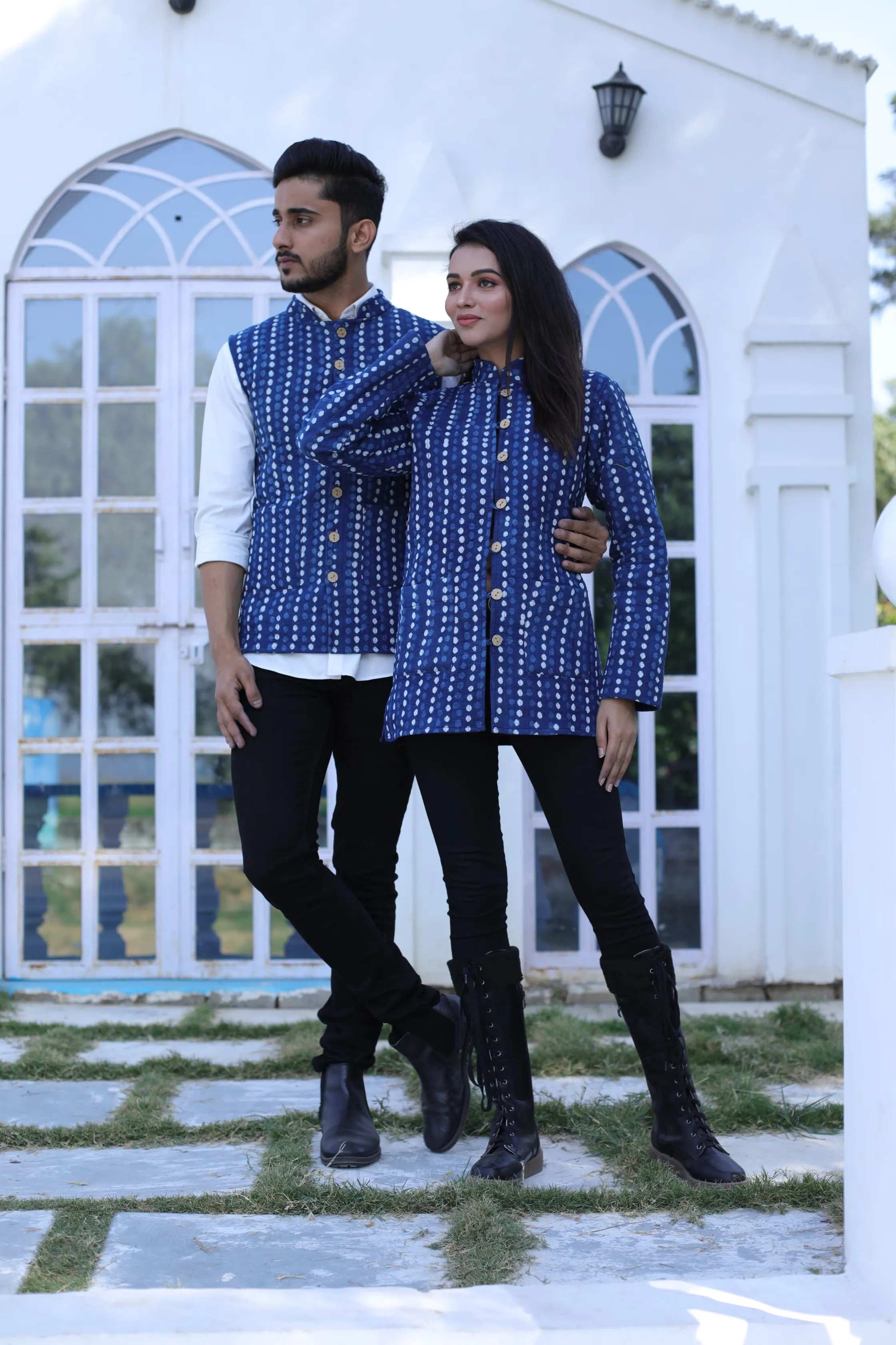 Blue Color Twinning Couple Pure Cotton Bagru Print Quilted Reversible Jackets