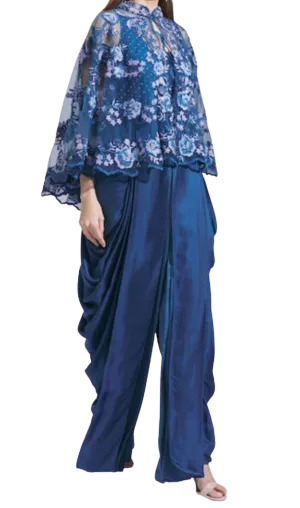 Blue Draped Jumpsuit with Lace Cape: Sample Sale