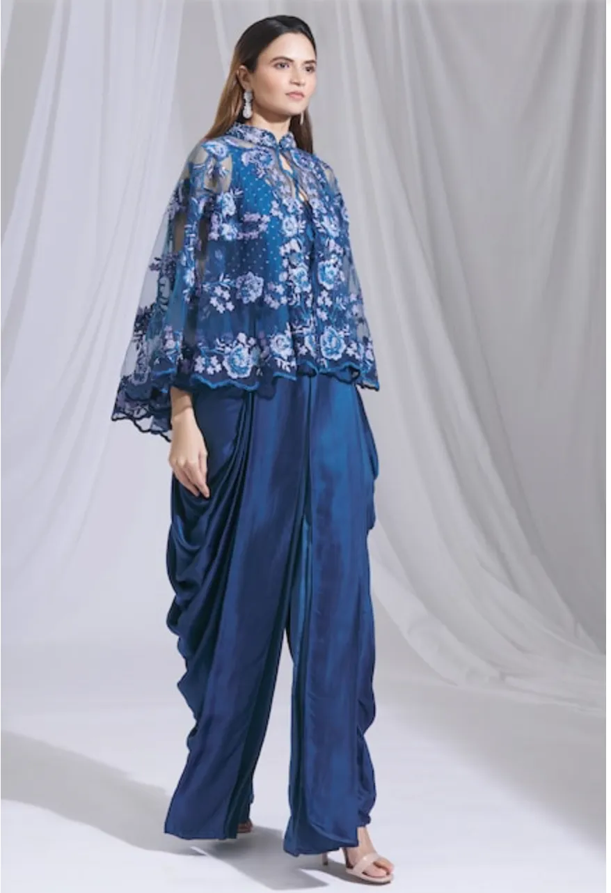 Blue Draped Jumpsuit with Lace Cape: Sample Sale