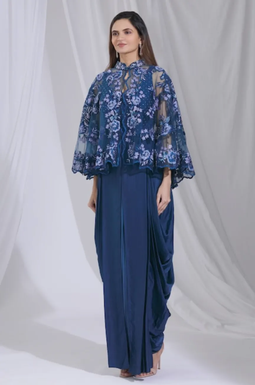 Blue Draped Jumpsuit with Lace Cape: Sample Sale