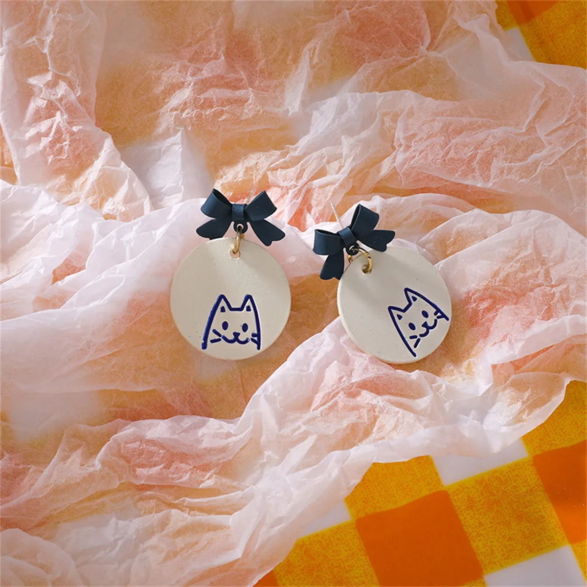 Blue Enamel Bow Cat Round Drop Earrings
