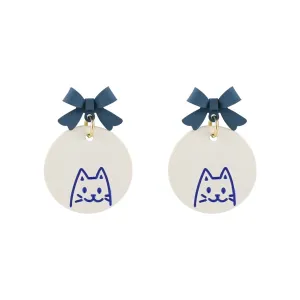 Blue Enamel Bow Cat Round Drop Earrings