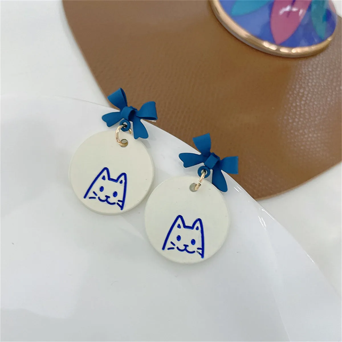 Blue Enamel Bow Cat Round Drop Earrings