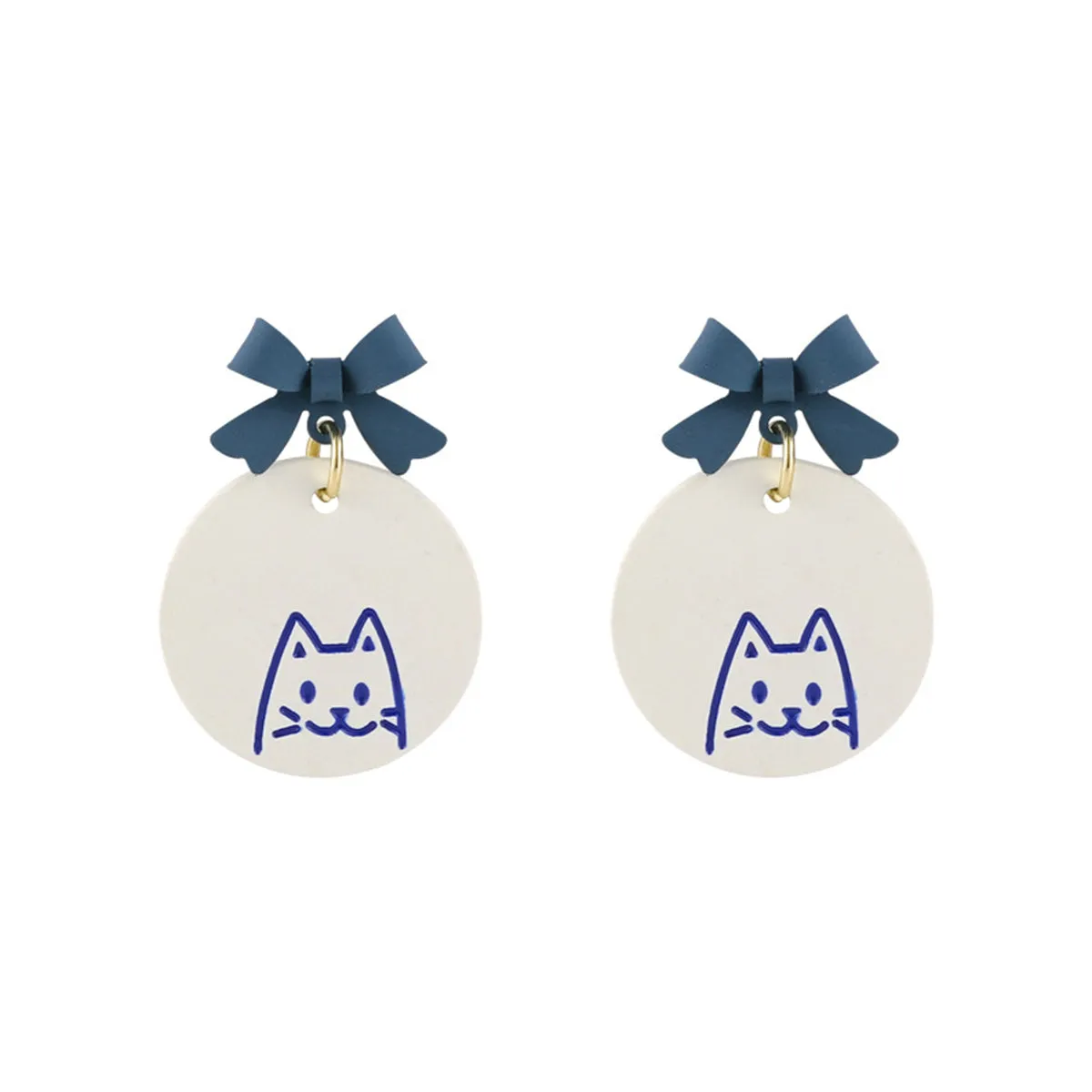 Blue Enamel Bow Cat Round Drop Earrings