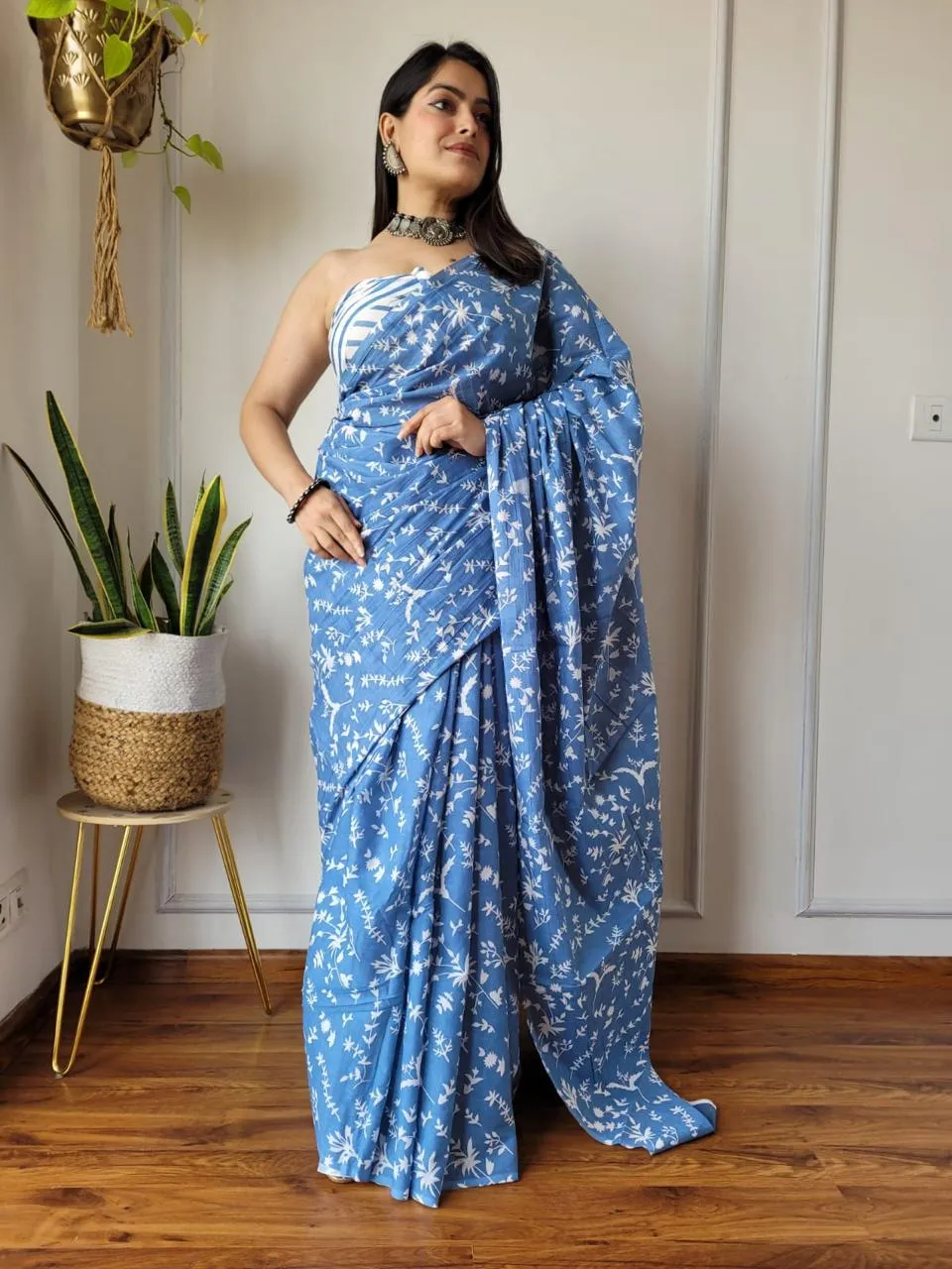 Blue Fun Hand Block Print MulMul Cotton Saree