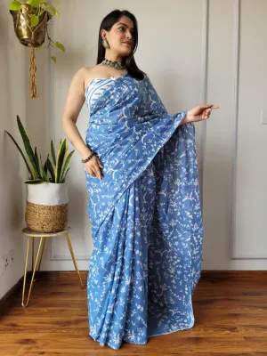 Blue Fun Hand Block Print MulMul Cotton Saree