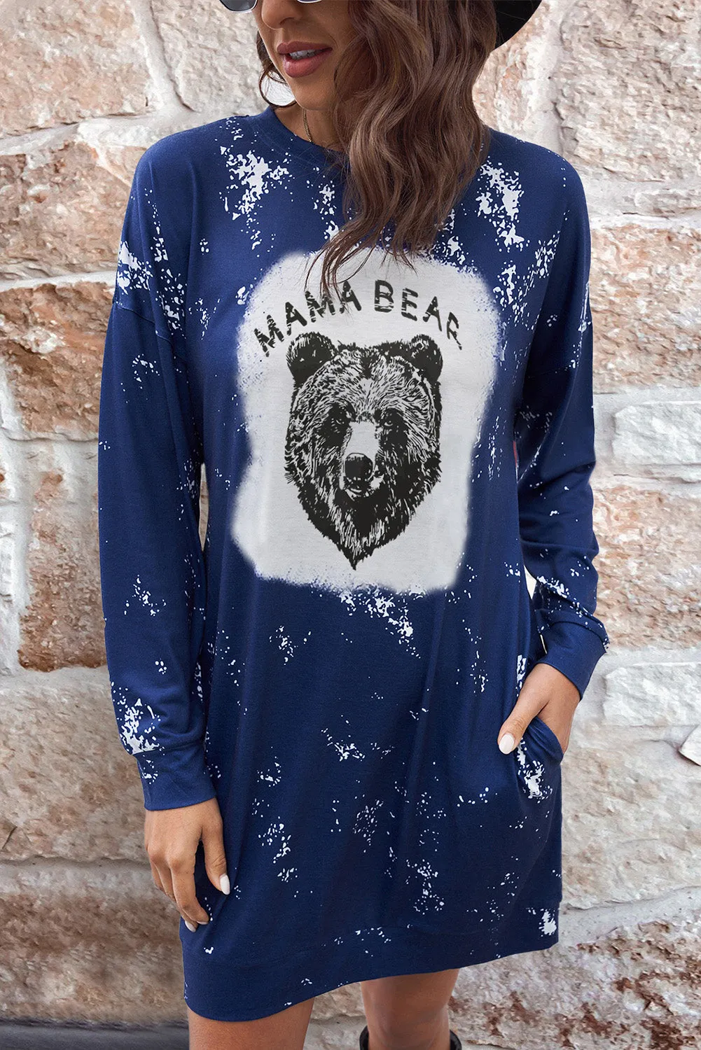 Blue MAMA BEAR Animal Print Long Sleeve Mini Dress