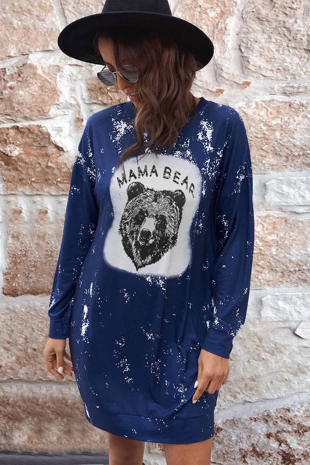 Blue MAMA BEAR Animal Print Long Sleeve Mini Dress