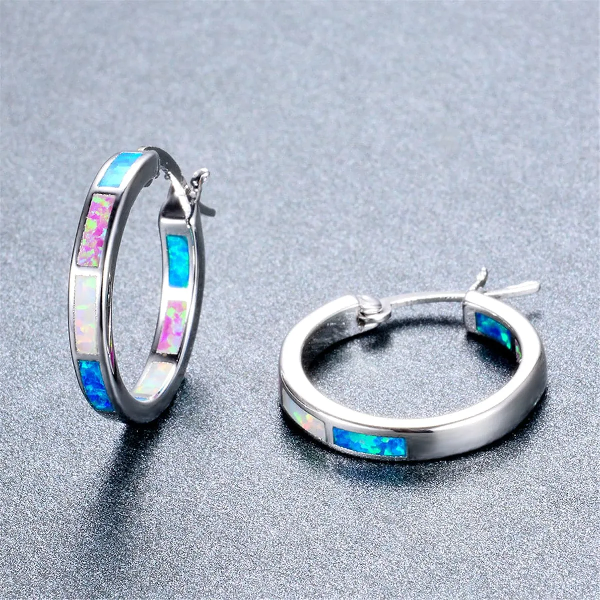 Blue Opal & Silver-Plated Color Block Channel Hoop Earrings