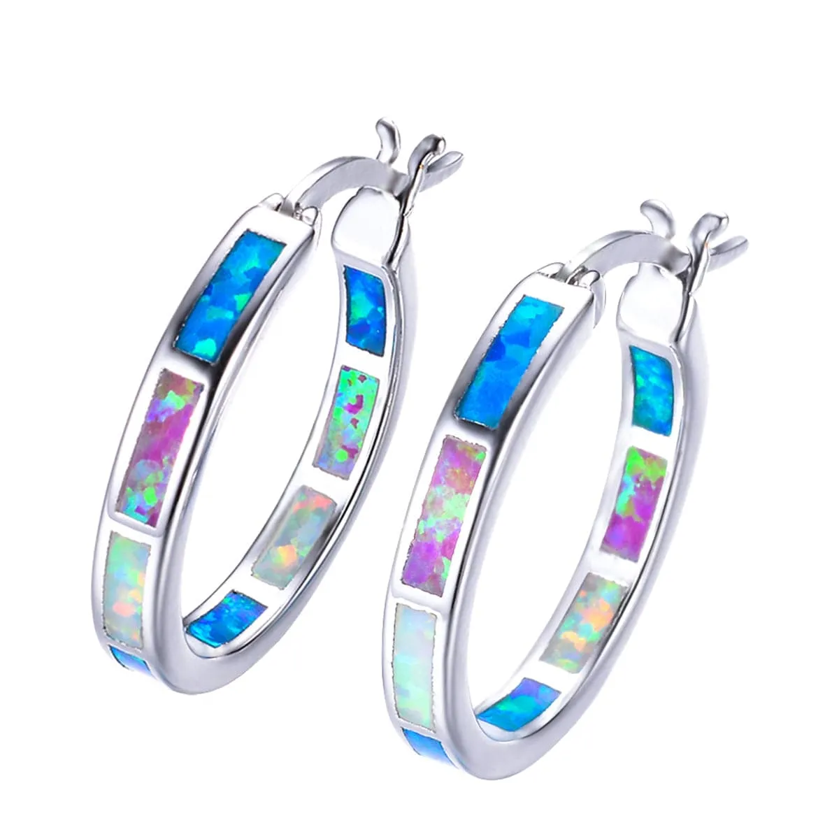 Blue Opal & Silver-Plated Color Block Channel Hoop Earrings