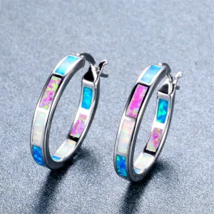 Blue Opal & Silver-Plated Color Block Channel Hoop Earrings