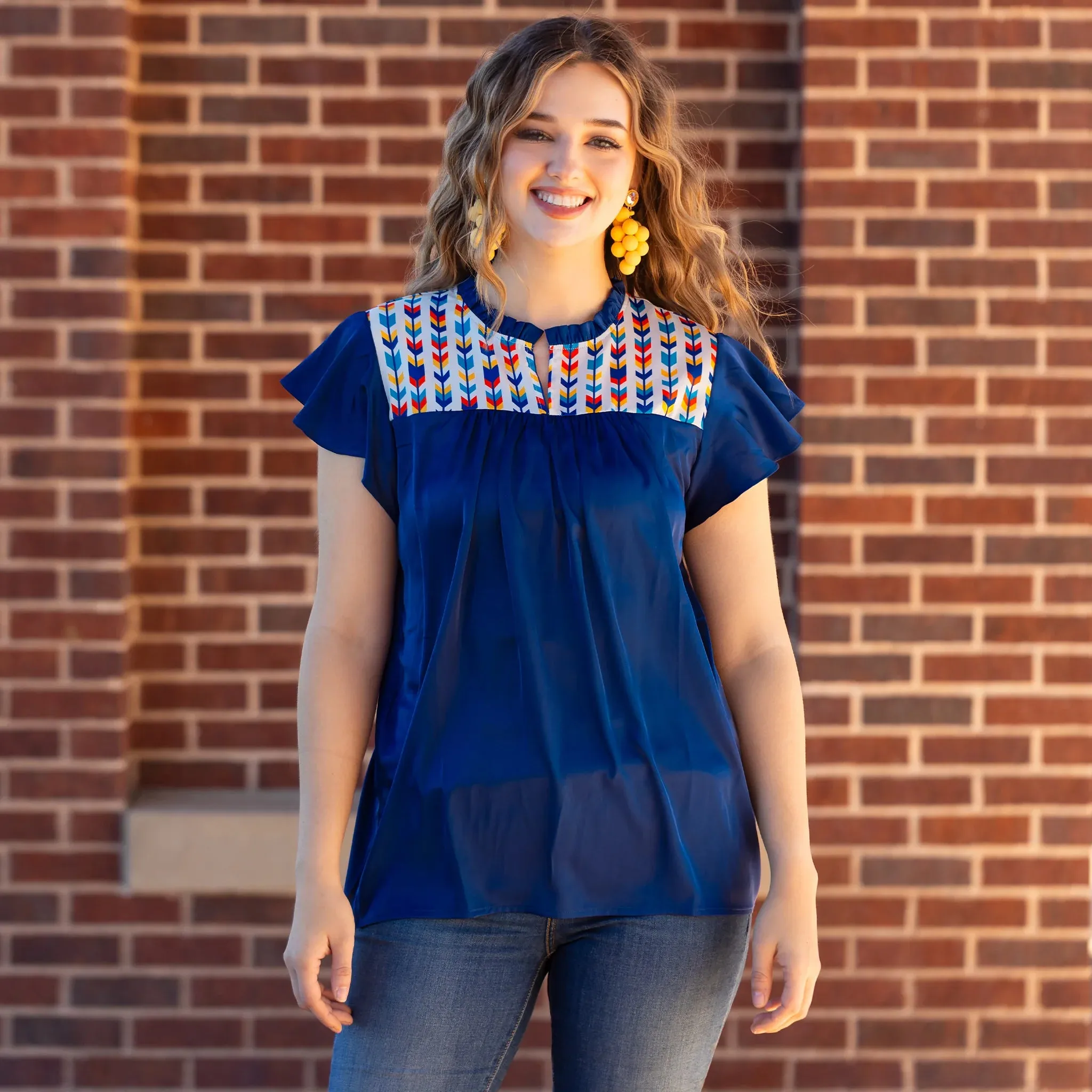 Blue Silky blouse with tribal print