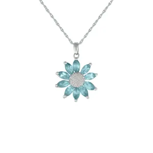 Blue Topaz and Diamond Flower Pendant in 10K White Gold
