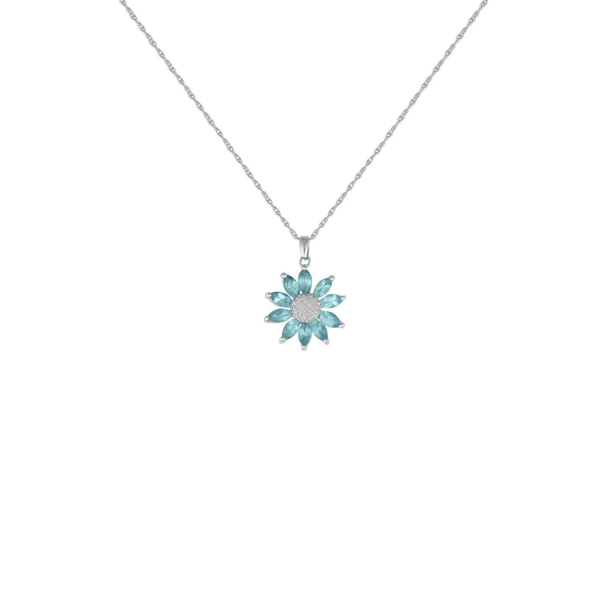 Blue Topaz and Diamond Flower Pendant in Sterling Silver