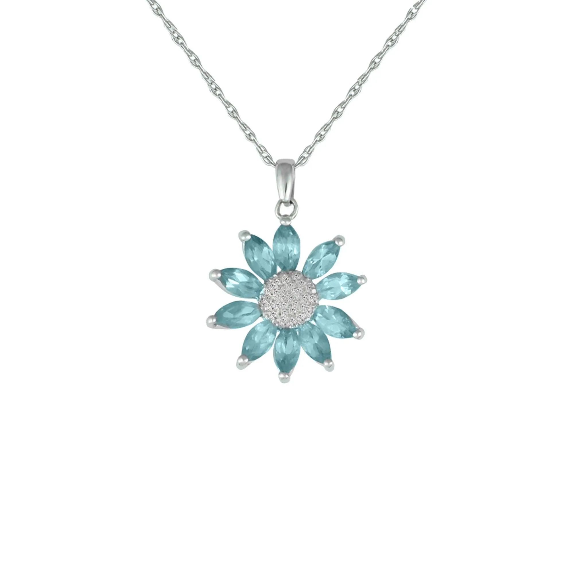 Blue Topaz and Diamond Flower Pendant in Sterling Silver