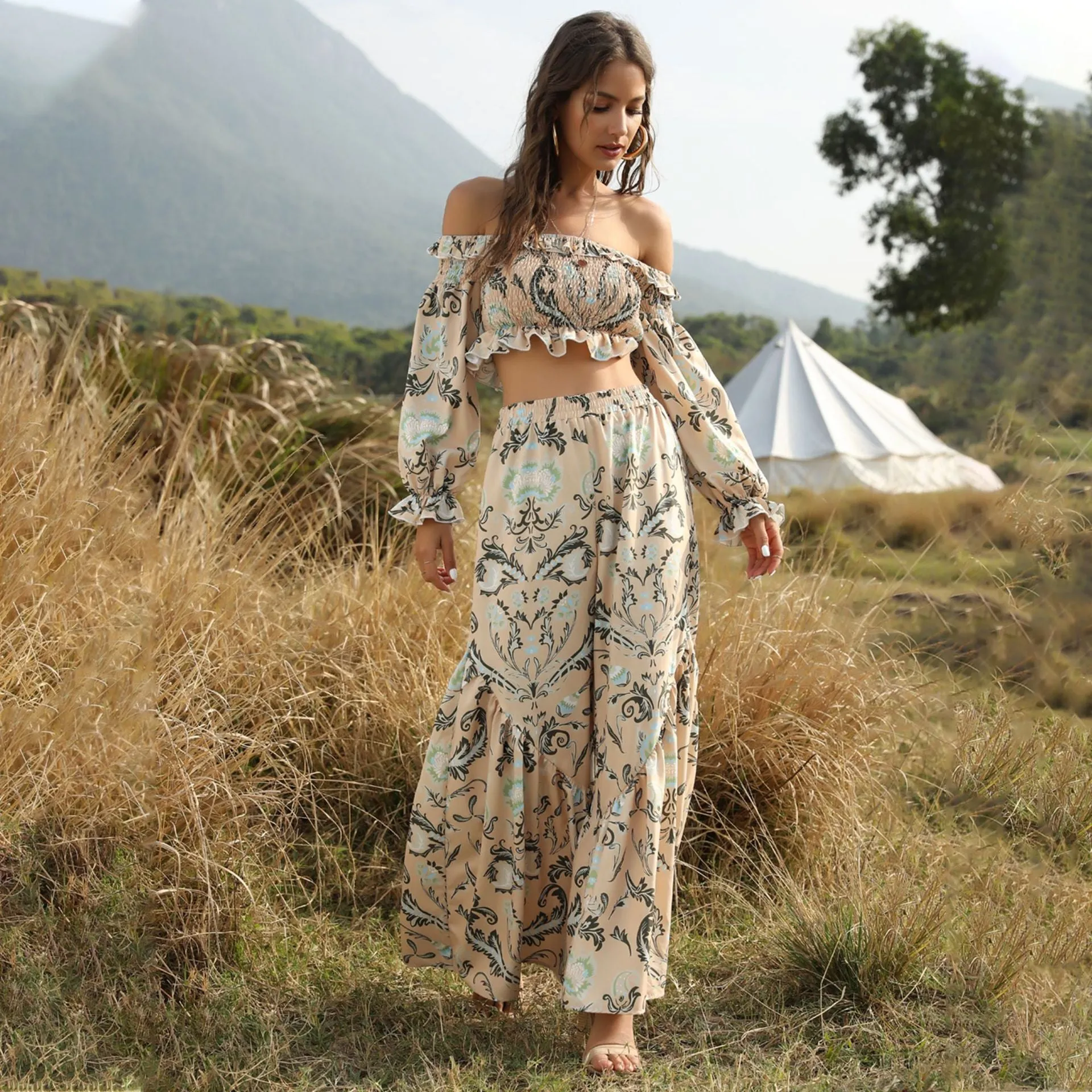 Boho Bohemian Printed Two-piece Tube Top High-waisted Loose Pants