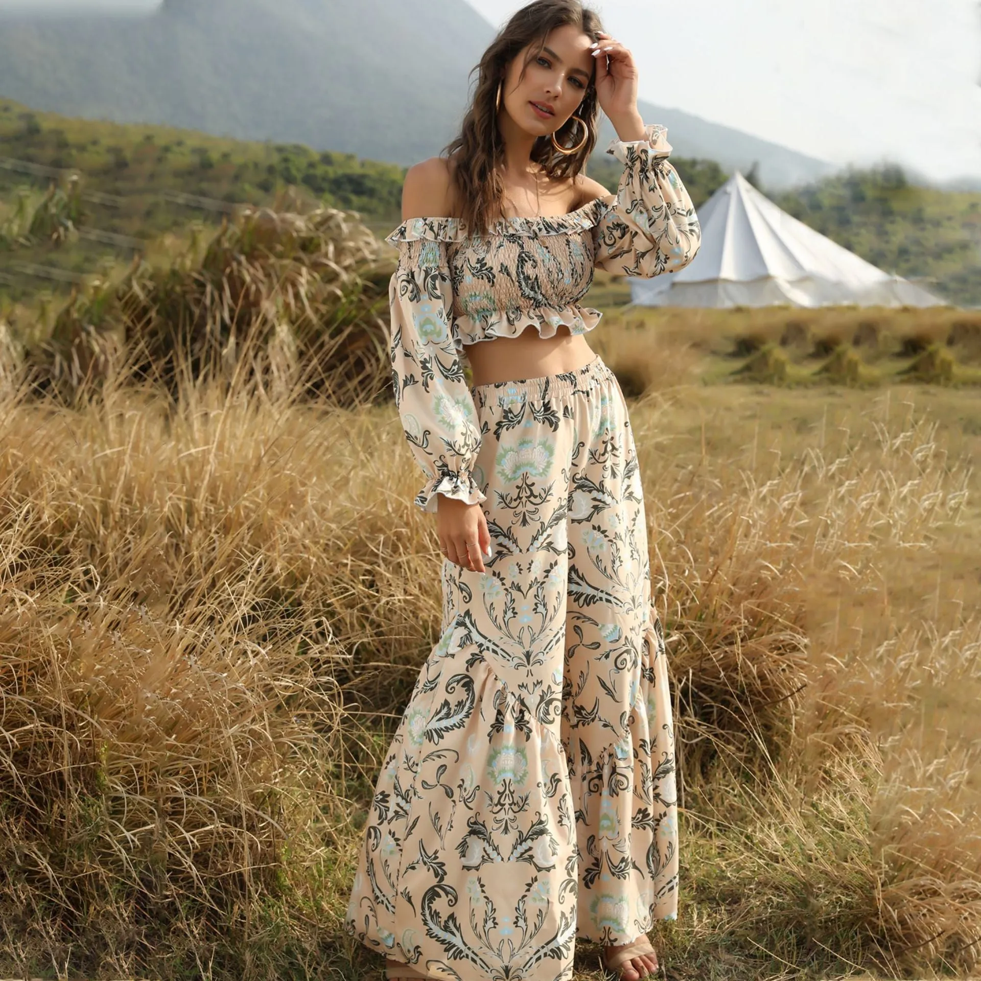 Boho Bohemian Printed Two-piece Tube Top High-waisted Loose Pants