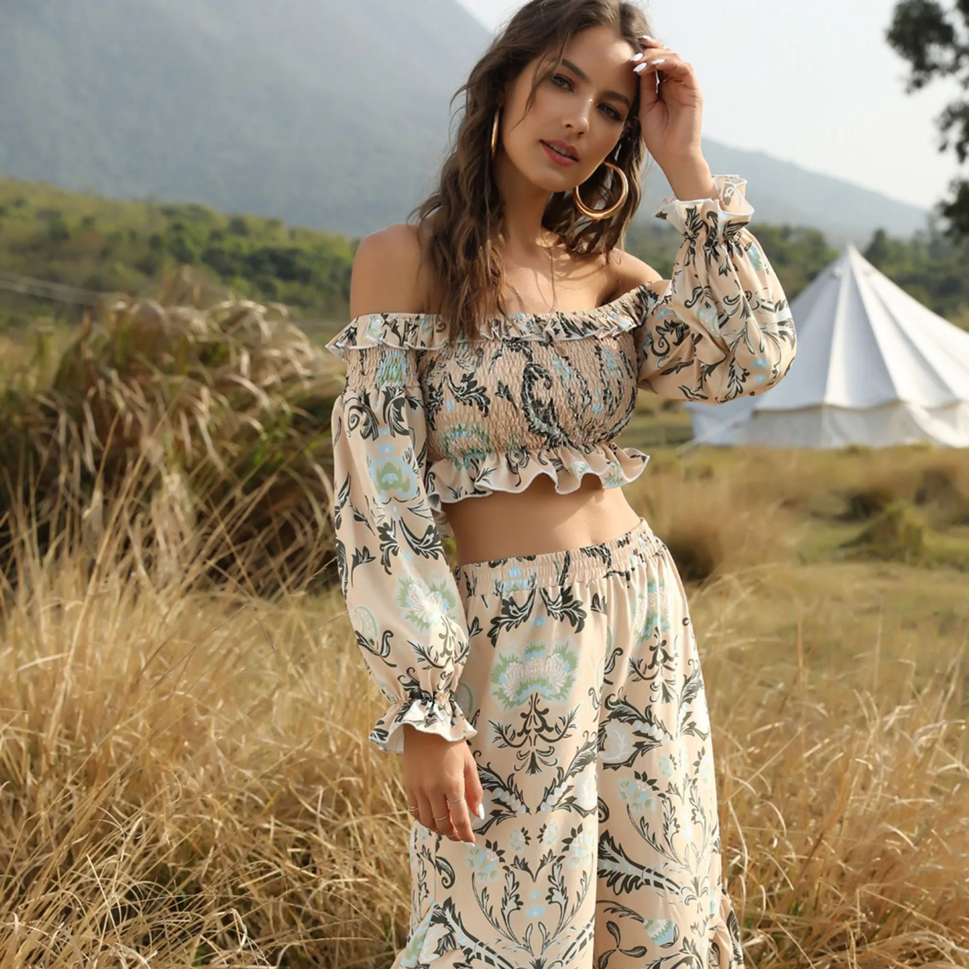 Boho Bohemian Printed Two-piece Tube Top High-waisted Loose Pants