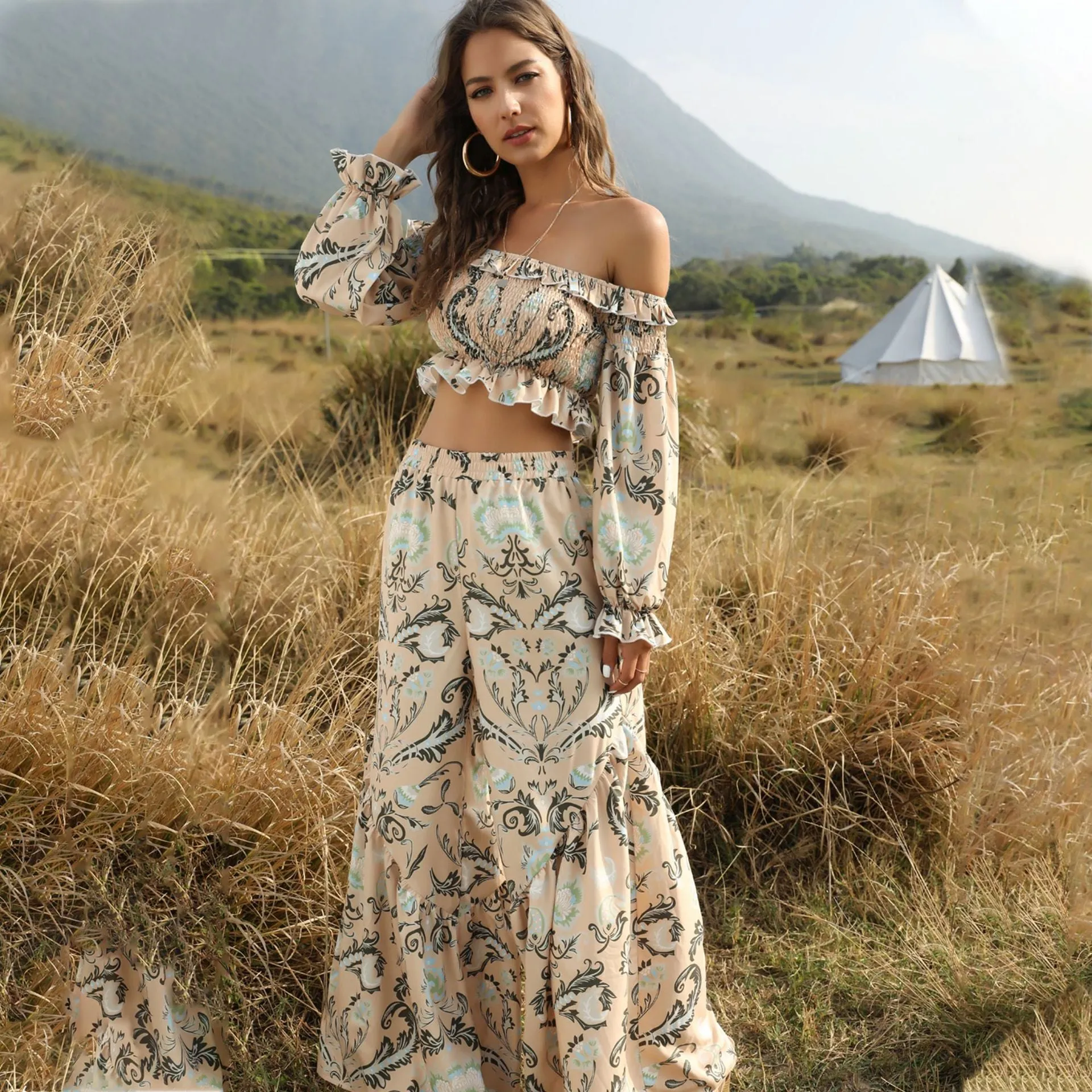 Boho Bohemian Printed Two-piece Tube Top High-waisted Loose Pants