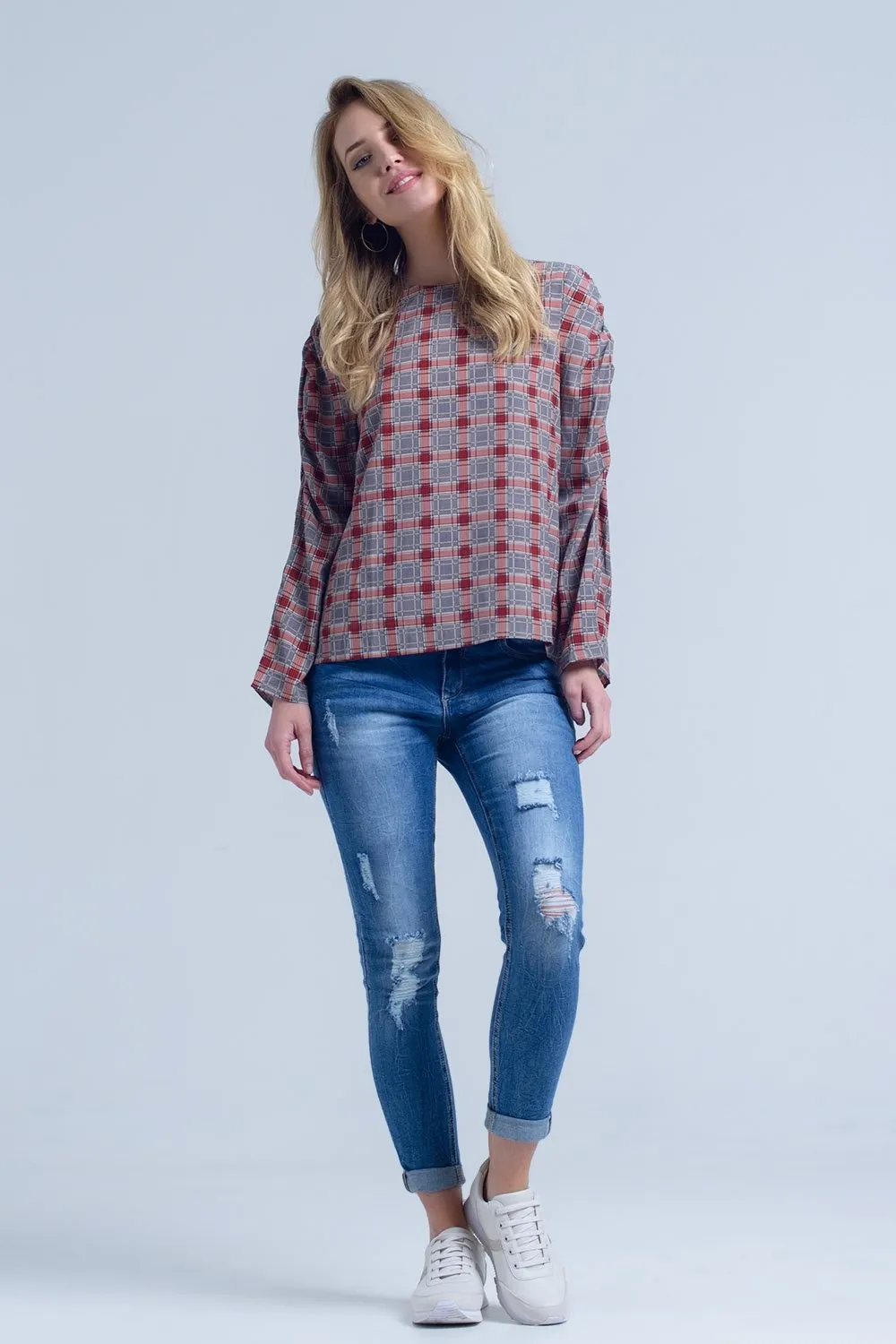 Bordeaux Check Print Top