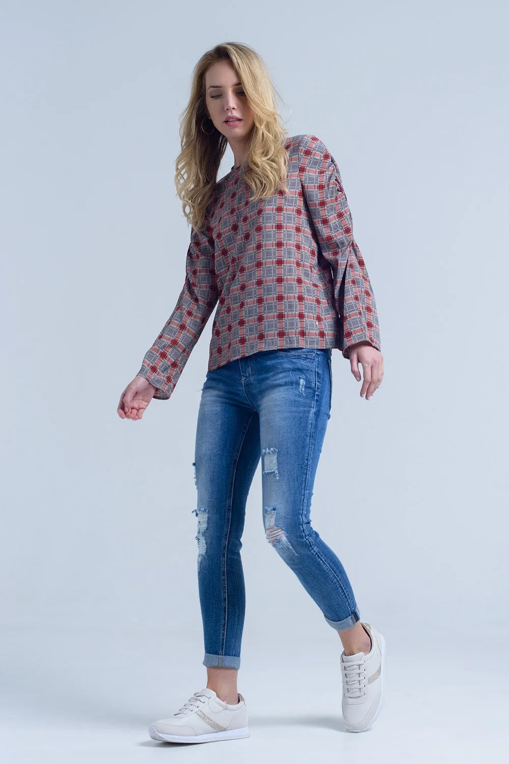 Bordeaux Check Print Top