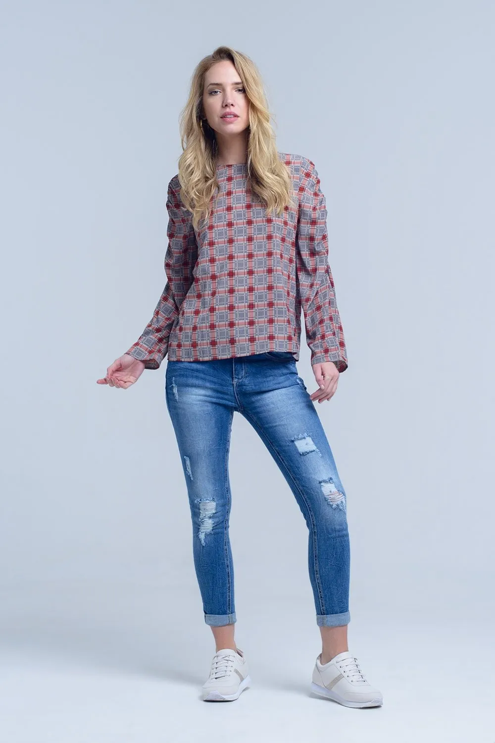 Bordeaux Check Print Top