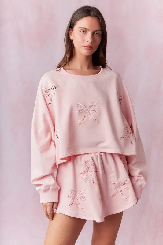 Bow Lace Laser Cut Embellished French Terry Top