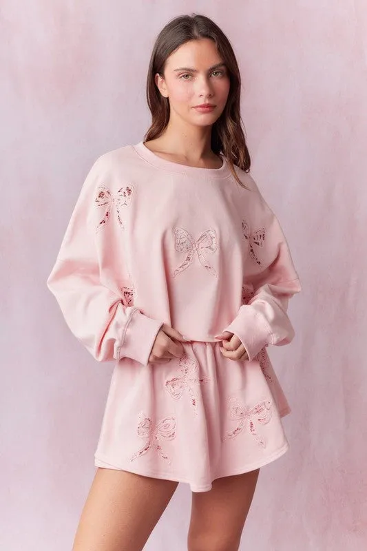 Bow Lace Laser Cut Embellished French Terry Top