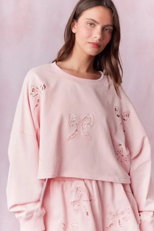 Bow Lace Laser Cut Embellished French Terry Top