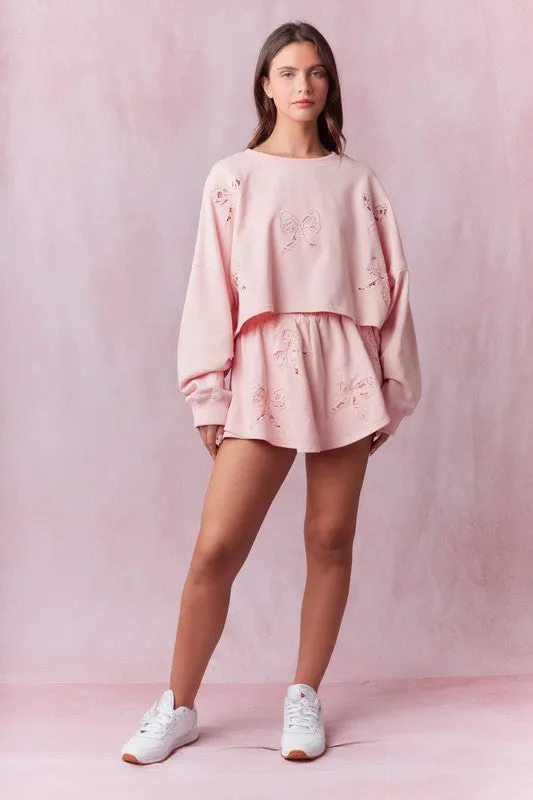 Bow Lace Laser Cut Embellished French Terry Top