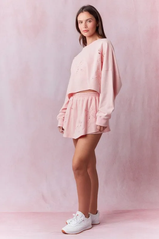 Bow Lace Laser Cut Embellished French Terry Top